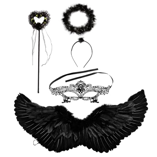 GWAWG Ailes d'ange Noir et Halo, Baguette de fée, Masque Sexy en Dentelle pour Les Yeux, Costume d'ailes d'ange déchu pour Halloween, Ailes d'ange Adulte...