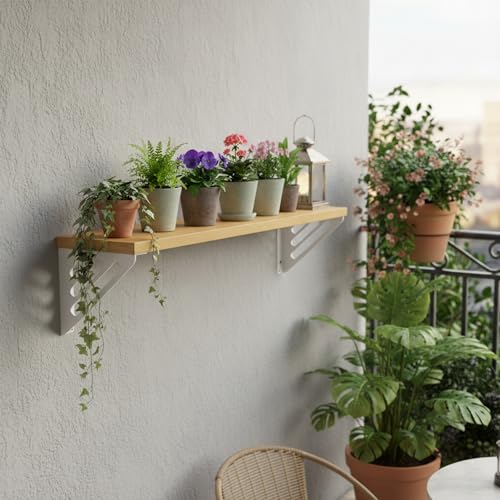 Image of Wall Shelf with Wooden Top Black|White Iron Brackets Storage Rack|Industrial Wall-Mounted Floating Shelf for Living Room,Kitchen,Bathroom (White Lines Large)