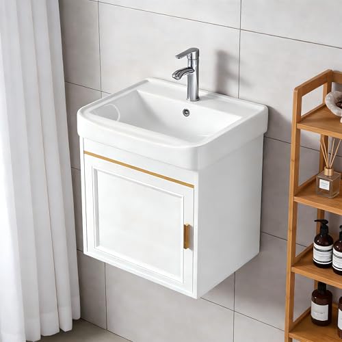 HILIVESVALUE Wall-Mounted Compact 17-inch Bathroom Vanity with Ceramic washbasin, Faucet, and Complete Drainage Accessories