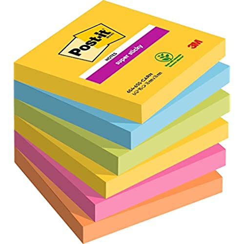 Image of Post-it Super Sticky Notes, Carnival Colors, Pack of 6 Pads, 90 Sheets Per Pad, 76mm x 76mm - Super Sticky Notes for Note-Taking, To-Do Lists and Reminders