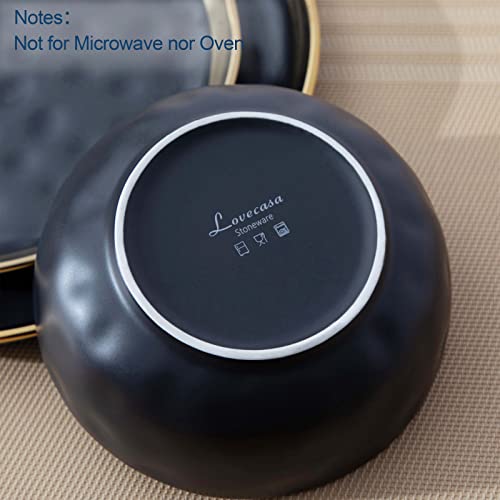 Plates And Bowls Sets For 4, Stoneware Dinnerware Set Matte Black, 16 Pcs Dishes Set With Golden Trim, Lovecasa Round Classic Crockery Set, Dishwasher Safe Plate Set #TOP5