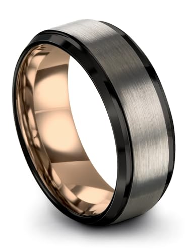 Midnight Rose Collection Tungsten Wedding Band Ring 8mm for Men Women 18k Rose Gold Grey Plated Step Bevel Edge Black Brushed Polished Size 10