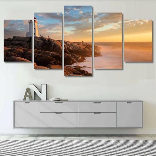 Déco murale salon 5 parties Peggy Cove pour créer une ambiance chaleureuse au coucher de soleil