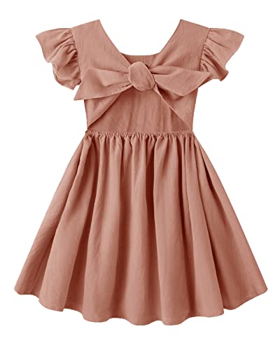 Toddler Baby Girl Cotton Linen Summer Dress Ruffle Sleeve Back Bowknot Kids Beach Dresses