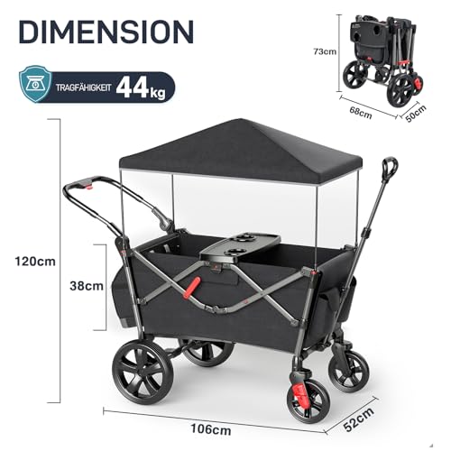 EVER ADVANCED Bollerwagen für 2 Kinder Faltbar mit Dach (Schwarz) - 9