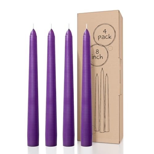 CANDWAX Purple 8 inch Taper Candles Pack of 4 - Unscented Smokeless Dripless Long Burning Tapered Candlesticks - Perfect as Christmas Candle Sticks for Home Decor - Purple Taper Candles