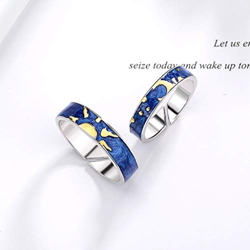 HELYZQ 2 peças Van Gogh Blue Starry Open Ring Star Moon Always Thinking You Lover Ring