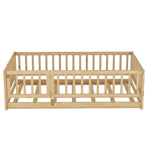 Image of Bellemave Twin Size Montessori Floor Bed with Door & Slats, Solid Wood Kids Floor Bed Frame with High Safety Fence, Low Profile Bed for Boys & Girls, Natural