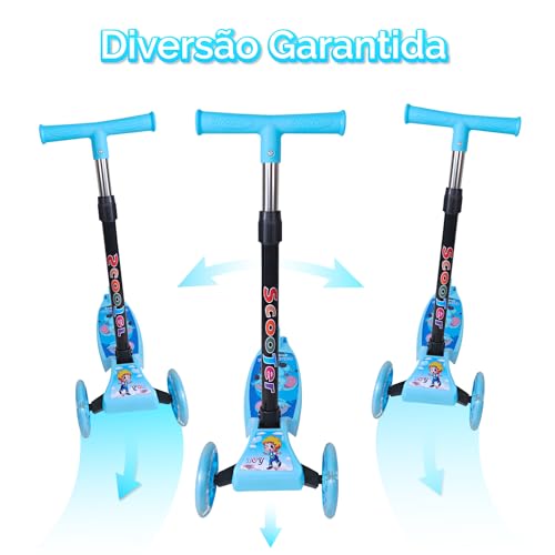 HOLTTER Patinete Infantil com LED 3 Rodas Azul e Rosa Patinete Infantil Dobrável com LED Freio Trase