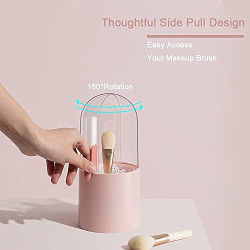 Sunficon Makeup Brush Organizer Holder Pink Dustproof Cosmetic Brushes Storage Case Display Stand W Crystal Clear Rotating Lid Beautiful Pearls Bedroom Vanity Table Bathroom Cabinet Countertop Gift #TOP2