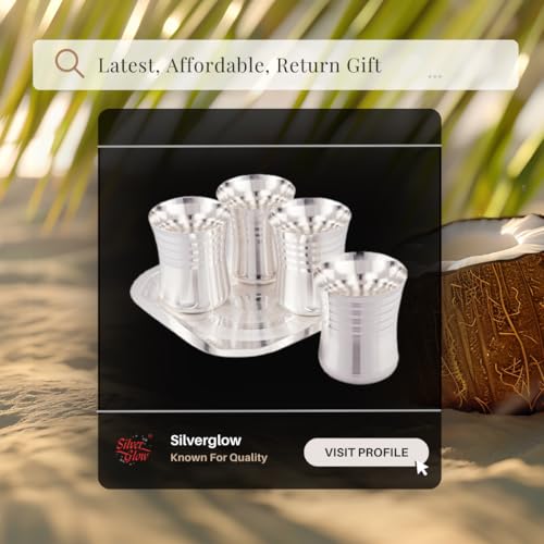 Image of Silverglow Damroo Tray Glass Set | Silver Plated Glass Set 4 with Tray | Juice, Water, Beverages Serving Set | Tableware Set | Perfect Diwali, Office, Wedding Return Gift Item