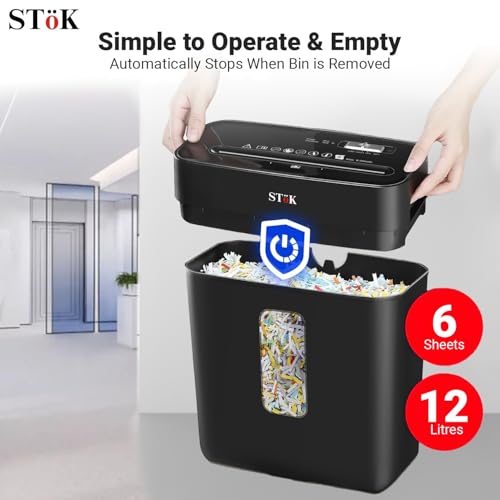 Image of SToK (ST-15CC) 6-Sheet Cross-Cut Paper Shredder for Home & Office, P-4 High Security Level, Super Quiet with Jam Proof System, 12 Liter Bin (One Year Offsite Warranty)