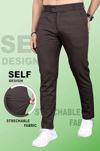 Image of Mehrang Men's Slim Fit Casual Trousers, Black, Cotton Blend, Side Pockets