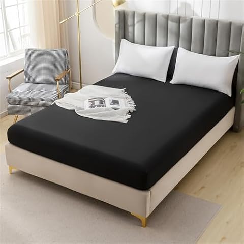 JUWENIN,Fitted Sheet Microfiber, Brushed Finish, Wrinkle, Fade, Stain Resistant, One Fitted Bed Sheet (Full, Black) Cover