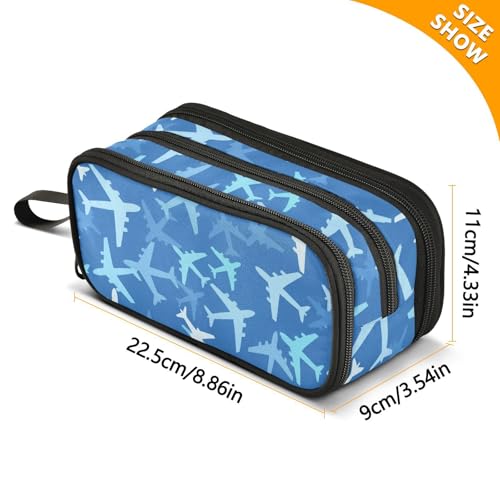 Image of Airplanes Blue Pencil Case Box Boys Girls Large Pencil Pouch with Zipper Compartments Big Capacity Stationery Pen Bag Organizer for Kids Teens Adults School