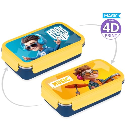 Image of Aliensware 4D Bento Kids Lunch Box with 2 Compartment, Microwave-Safe BPA Free Advance Coating Stainless Steel Kids Lunch Box, Food Grade Tiffin Box for School, College, Picnic, office-500ml(MB02-YEL)