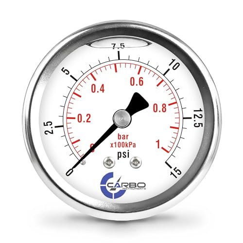 Image of 15 PSI Glycerin Liquid Filled Pressure Gauge, 2.5 inch Dial, 1 /4 NPT Back Mount, 304 Stainless Steel Case, Brass Wetted Parts, Dual Scale PSI /Bar - ASME B40.1 Grade A