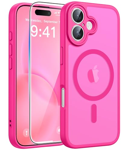 Image of FNTCASE for iPhone 16 Case [Compatible with Magsafe] Translucent Matte Cases with [Screen Protector] Military Grade Shockproof Protective Phone Cover - Hot Pink