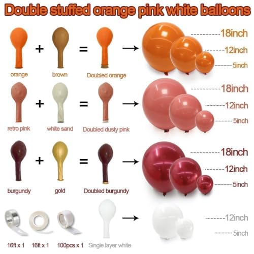Image of Orange Red Balloon Garland Double Stuffed Burgundy White Balloon Arch Kit | Dusty Pink Orange Balloons for Fall Autumn Birthday Pumpkin Wedding Baby Shower Bridal Shower Backdrop Party Decorations