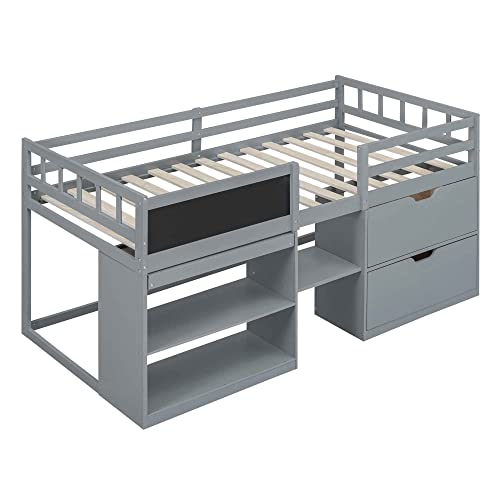 Aty Twin Size Loft Bed With Rolling Desk And Storage Shelves, Wooden Low-Loft Bedframe W/ 2 Drawers & Writing Board, Perfect For Kids, Teens, Bedroom Furniture, No Spring Need Required, Gray #TOP2