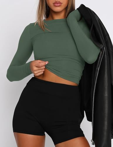 Image of AKEWEI Long Sleeve Crop Tops for Women 2 Pack Fall Going Out Outfits Cute Tight Basic Tees Shirt