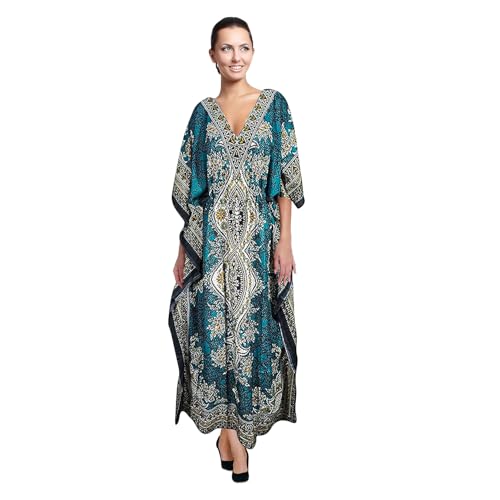 Teal Blue Long Kaftan Dress for Women – Elegant Kimono Gown – Loose Fit Plus Size Beach Cover Up – Stylish Evening & Vacation Lounge Dress2
