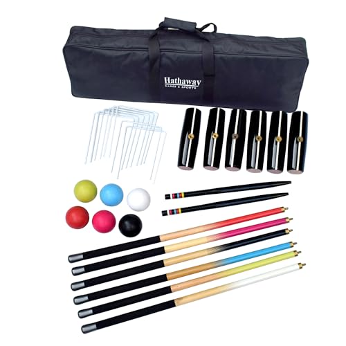 Hathaway Deluxe 6-Player Croquet Set for Adults, Kids & Families – Includes Durable Hardwood Mallets & Handles, Chip-Resistant Croquet Balls, Steel Wickets, Nylon Carrying Bag - 33.5