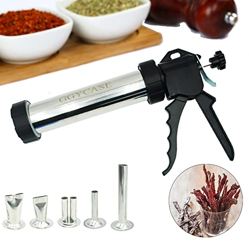 Jerky Gun Kits, Easy-Clean Jerky Maker, Jerky Shooter, 1 Pound Stainless Steel Beef Jerky Making Gun with 5 Stainless Nozzles and 3 Cleaning Brushes