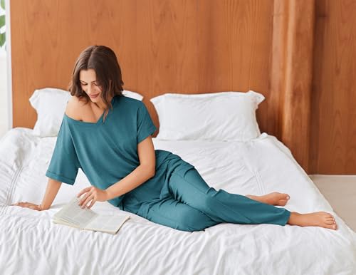 Image of Ekouaer Pajamas for Women Set 2 Piece Short Sleeve Tops with Long Pants V Neck Soft Pjs Casual Lounge Set with Pockets