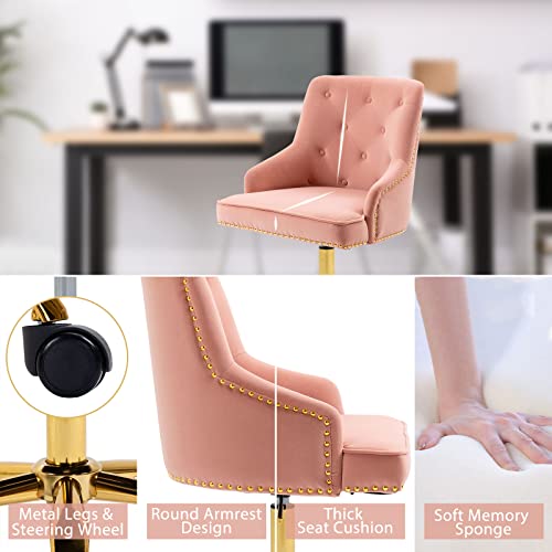 Mojay Modern Mid-Back Tufted Office Chair, Swivel Height-Adjustable Accent Home Desk Chair,Cute Velvet Soft Seat Vanity Chair With Rivet And Arm Support (Pink) #TOP4