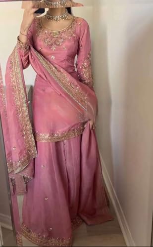 Haathkari Women's Pure Chinnon Silk Embroidered Kurti With Sharara & Dupatta Set2