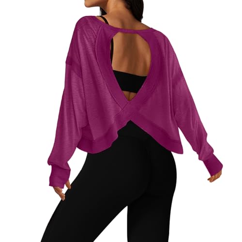 Image of UNIANKIYA Open Back Workout Tops for Women Long Sleeve Cropped Athletic Clothes Gym Running Yoga Low Impact Sports T Shirts