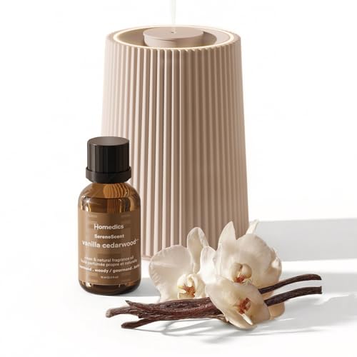 Homedics Waterless Essential Oil Diffuser with 15ml Vanilla Cedarwood Fragrance Oil. SereneScent Cordless Cold Air Scent Diffuser Starter Kit with Ambient Light Studio 671 (Beige)
