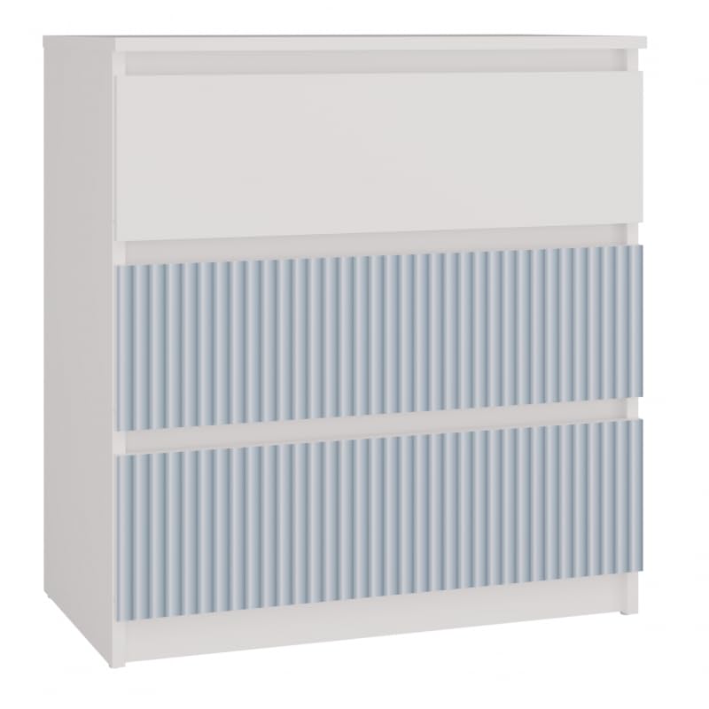 KOBI Cómoda MALWA M3 | Cómoda Moderna con 3 cajones | Diseño Minimalista | Mueble Funcional para el Dormitorio, el salón y la habitación de los niños (arteso-Blanco-Azul)