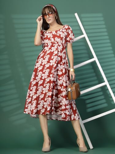 Image of OOMPH! Below Knee Shift Pink Dress in Crepe Fabric with Round Neck and Puff Sleeves - md619l
