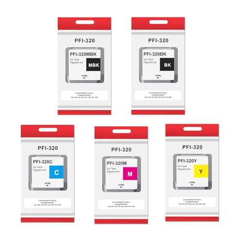 PFI-320 300ml Ink Tank Replacement for Canon PFI320 PFI320MBK PFI320BK PFI320C PFI320M PFI320Y for imagePROGRAF IPF TM-200 TM-205 TM-300 TM-305 Printer, 5 Pack