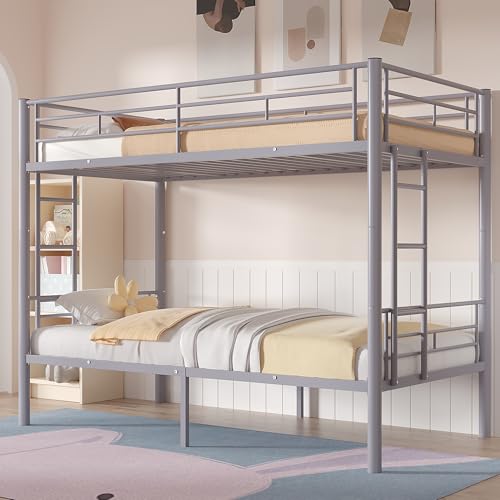 VECELO Twin Over Twin Metal Bunk Bed Grey
