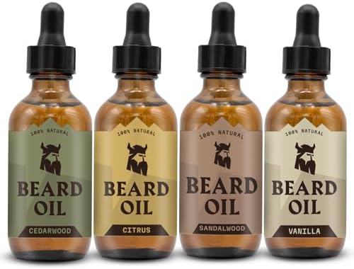 Striking Viking Beard Oil 4 Pack - Softening and Conditioning Beard Oil for Men - Citrus, Vanilla, Sandalwood, & Cedarwood Variety Scents - Enriched with Argan, & Jojoba Oils