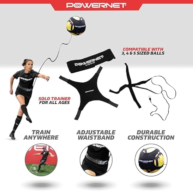 PowerNet Solo Rebounder, Adjustable Soccer Ball Skill Trainer for Kicking, Throwing & Juggling, Indoor Outdoor Soccer Training Equipment, Fits Ball Sizes 3, 4, and 5
