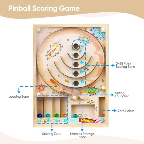 Wooden Pinball Toy,Marble Pinball Machine,Rotating Track 10 Pinball Scoring Game Set for Kids 8-12 and Adults Shooting Games for Office Stress Relief