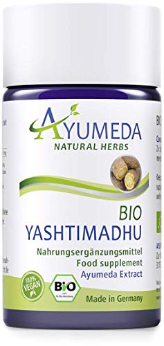 Ayumeda BIO Yasthimadhu Extrakt | Glycyrrhiza glabra | Echtes Süßholz | 88,2 mg Glycyrrhizin pro Tagesdosis | Geprüfte Qualität | Made in Germany | 60 Kapseln für 1 Monat | 100% BIO | 100 % Vegan Cover