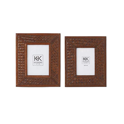 K&K Interiors 15657A Set Of 2 Tan Leather Basket Weave Photo Frames (Grad Sizes), Brown #TOP16