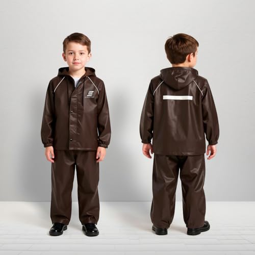 Image of Amazon Brand Symactive Reversible Double Layered Standard Length Hooded Raincoat with Pants for Kids (Unisex) | Waterproof | Elastic Cuffs | Age 08-10 Years | Brown | Polyester