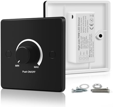 VIPMOON DC 12-24V LED Dimmer Switch, PWM Push ON/Off Rotary Dimmer, Black
