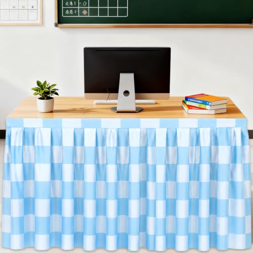 QOUBAI 6ft Blue Checkered Table Skirt Cloths for Classroom Teacher Desk by QOUBAI - Used condition - US$16.99