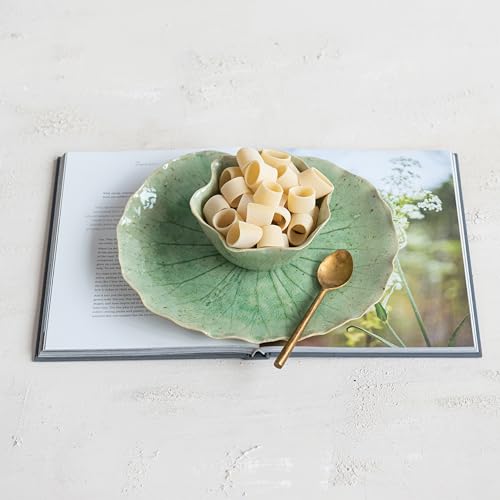 Creative Co-Op Stoneware Water Lily Plate with Bowl in Reactive Crackle Glaze, Green