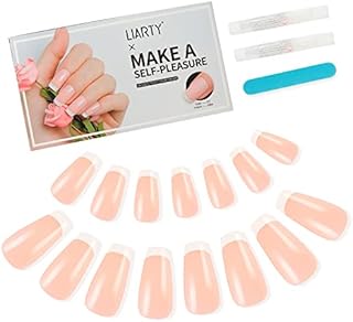 LIARTY 140 Pcs Natural French False Nails Long Stick On Nails with Glue, Coffin Full Cover Press On Nail Tips for Girls Women Brides