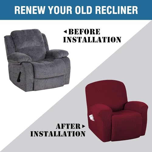 Image of H.VERSAILTEX Stretch Recliner Slipcovers 1-Piece Durable Soft High Stretch Jacquard Sofa Furniture Cover Form Fit Stretch Recliner Cover /Protector (Recliner, Burgundy Red)