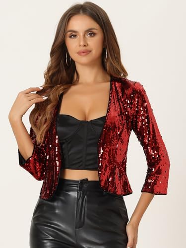 Allegra K Women's Sequin Jacket 3/4 Sleeve Open Front Party Shiny Glitter Sparkly Shrug Blazer3