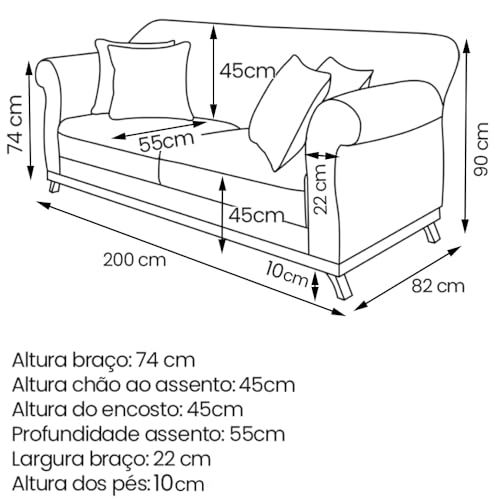 Sofa 3 Lugares Retro Polo 200cm Com Almofada Linho Perola Ezz